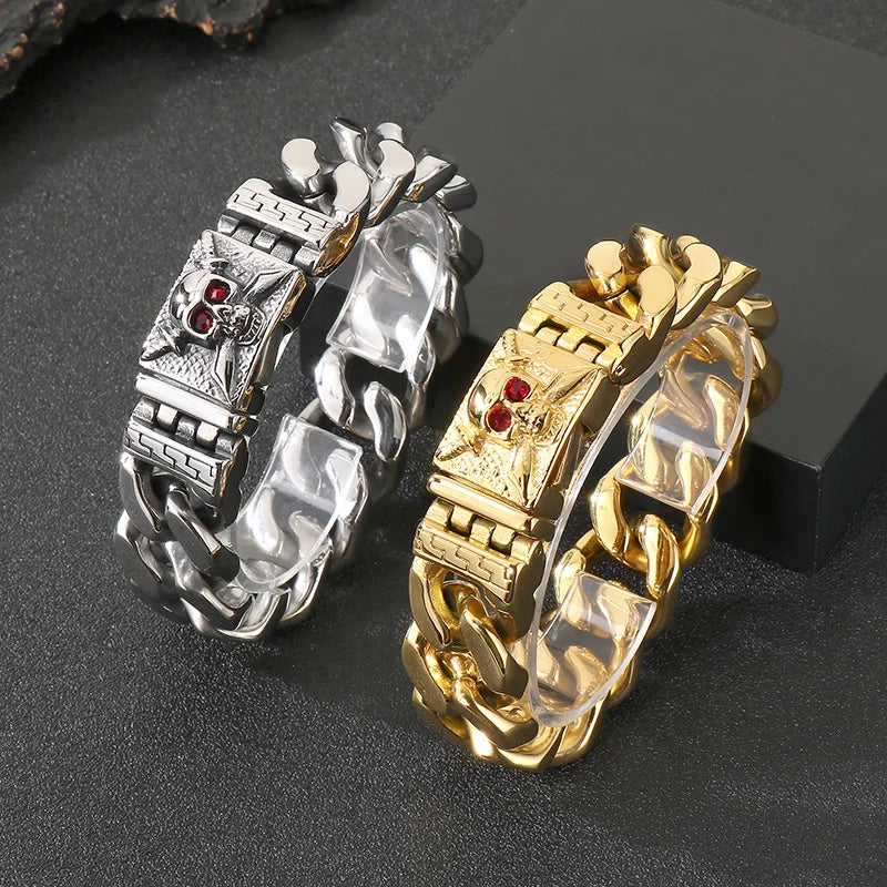 KALEN Mens Punk Fine Jewelry Fashion Bracelets Stainless Steel Red Zircon Skull Charm Links Bracelet