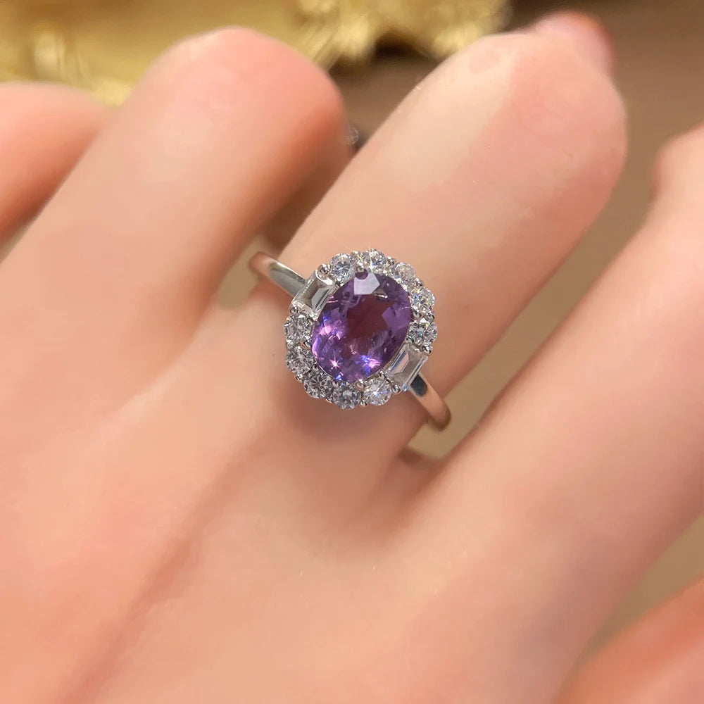 REDheart Natural Amethyst Ring Pendant Jewelry Set Rhodium S925 Silver Luxury Gemstone Fine Jewelry Women Wedding Anniversary Gift