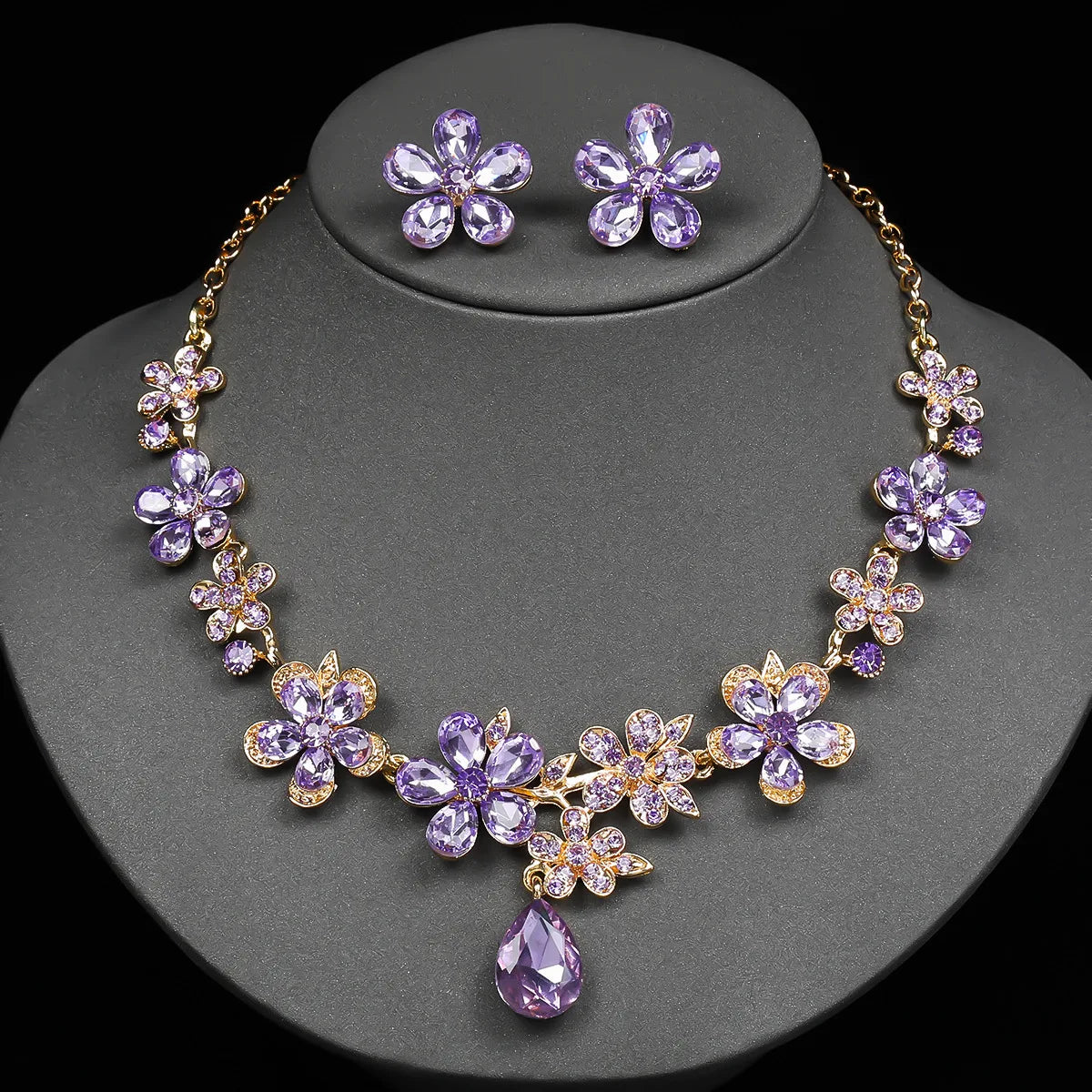 Crystal Flower Drop Necklace & Earrings Jewellery Set | Bridal & Party Occasion Fashion Set