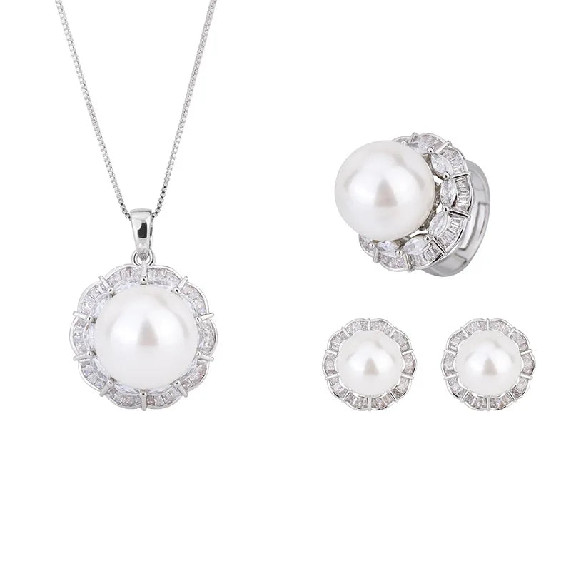 Fashion Eco-friendly Copper 16MM/12mm White Shell Pearl Handmade Bridal Pendant Earrings Ring Set Pearl Jewelry Sets for Brides