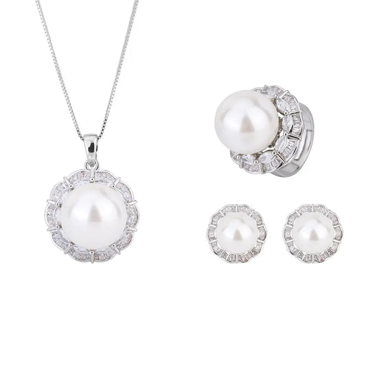 Fashion Eco-friendly Copper 16MM/12mm White Shell Pearl Handmade Bridal Pendant Earrings Ring Set Pearl Jewelry Sets for Brides