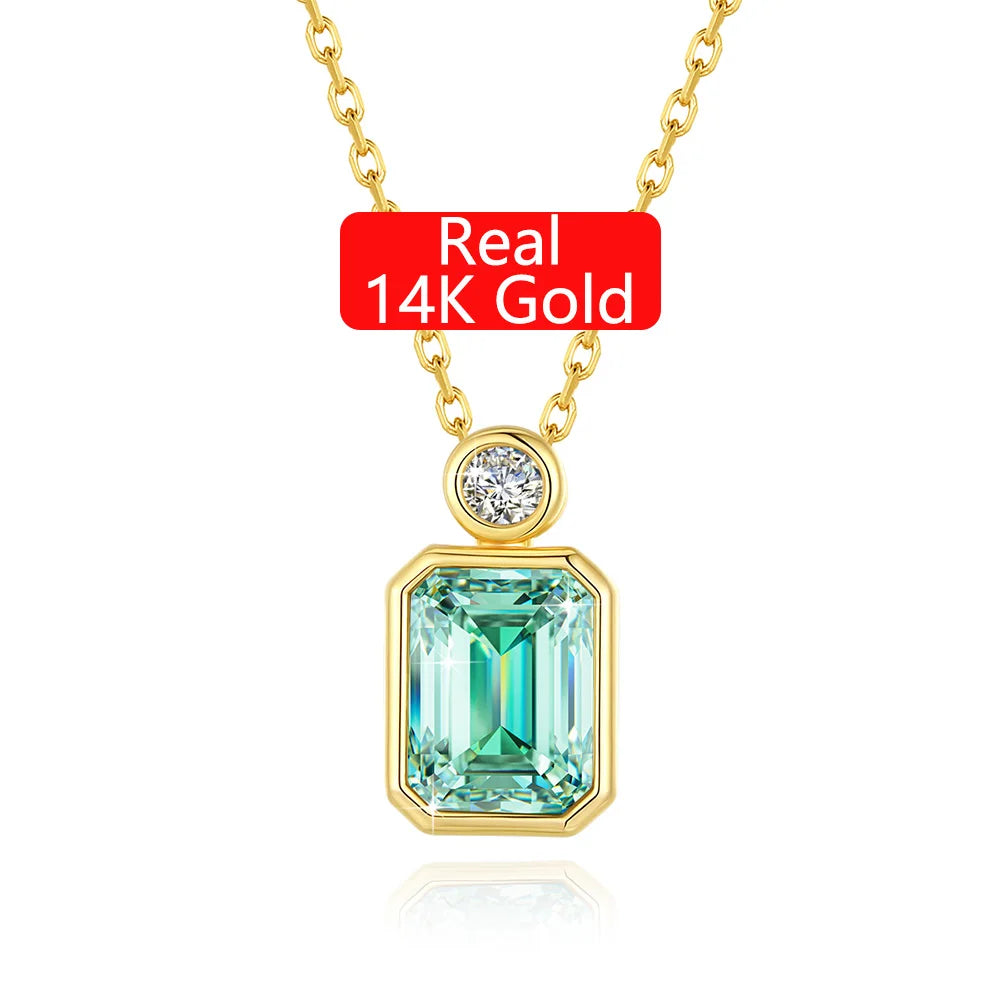 Gioiellieri Fine Jewelry Gold Woman New Year Gift 2ct 3ct 4ct Light Green Emerald Cut Moissanite 14K Gold Hollow Pendant Necklace