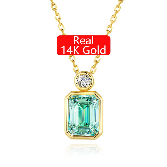 Gioiellieri Fine Jewelry Gold Woman New Year Gift 2ct 3ct 4ct Light Green Emerald Cut Moissanite 14K Gold Hollow Pendant Necklace