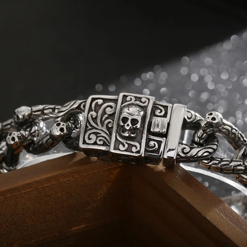 REBEL 220mm Men Punk Stainless Steel Skull Charms Cuban Links Bracelet