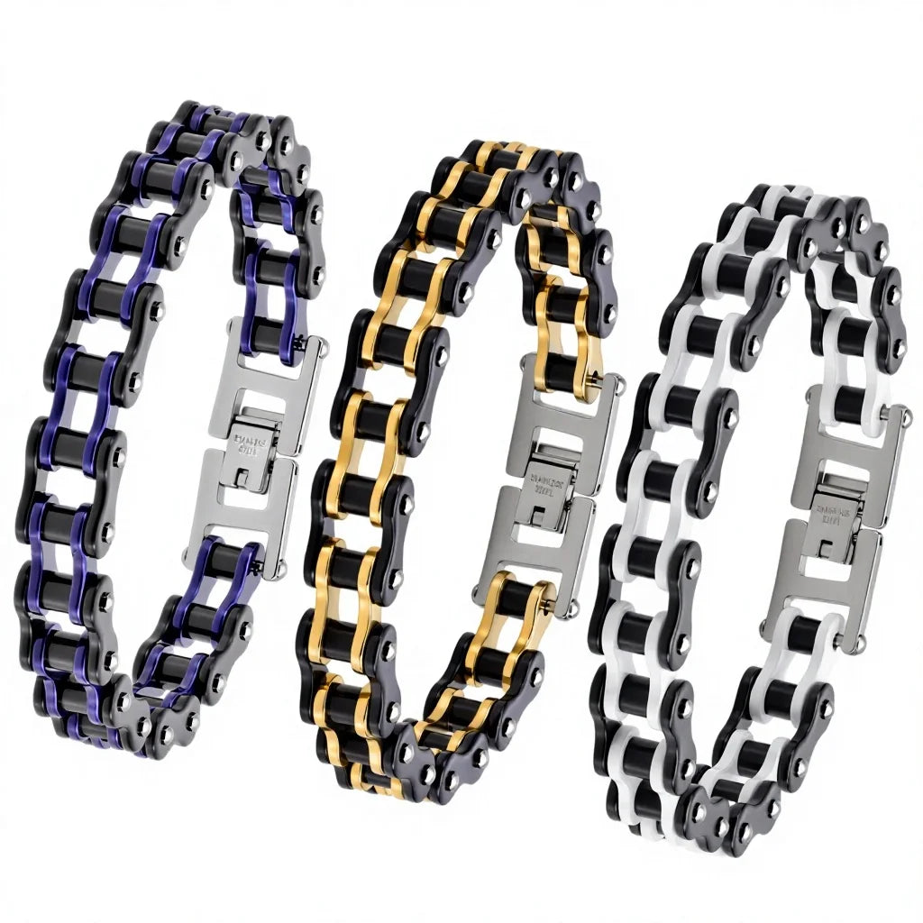 REBEL European American Womens Bicycle Motorcycle Chain Stainless Steel Bracelet Real Gold Plating Trendy Rock-Style Personalized