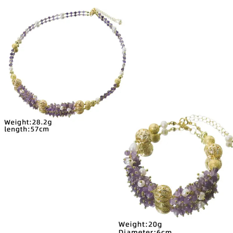 Natural Freshwater Pearl Amethyst Copper Beads Set Luxury Design Wedding Banquet Women Jewelry GS0212