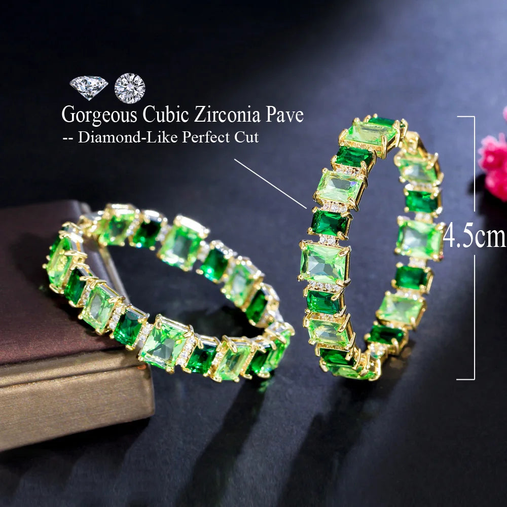 S&S Light Green Square CZ Oversized Hoop Earrings – Brazilian Gold Plated – Collection