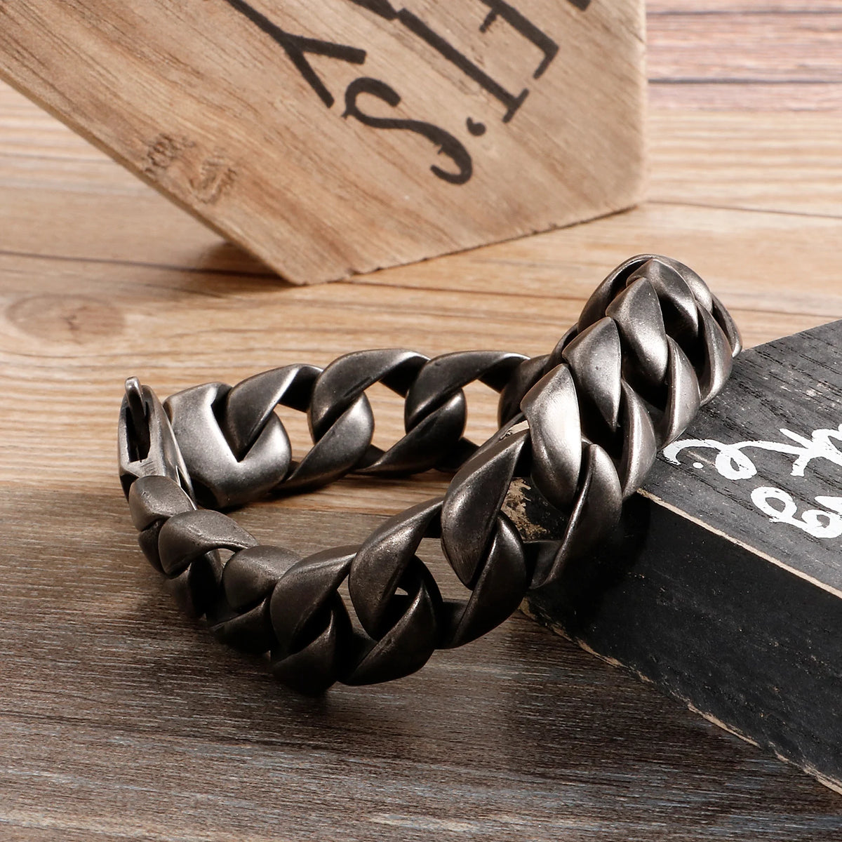 VIKING Mens Classic Cuban Link Chain Bracelet – Oxidized Black Stainless Steel