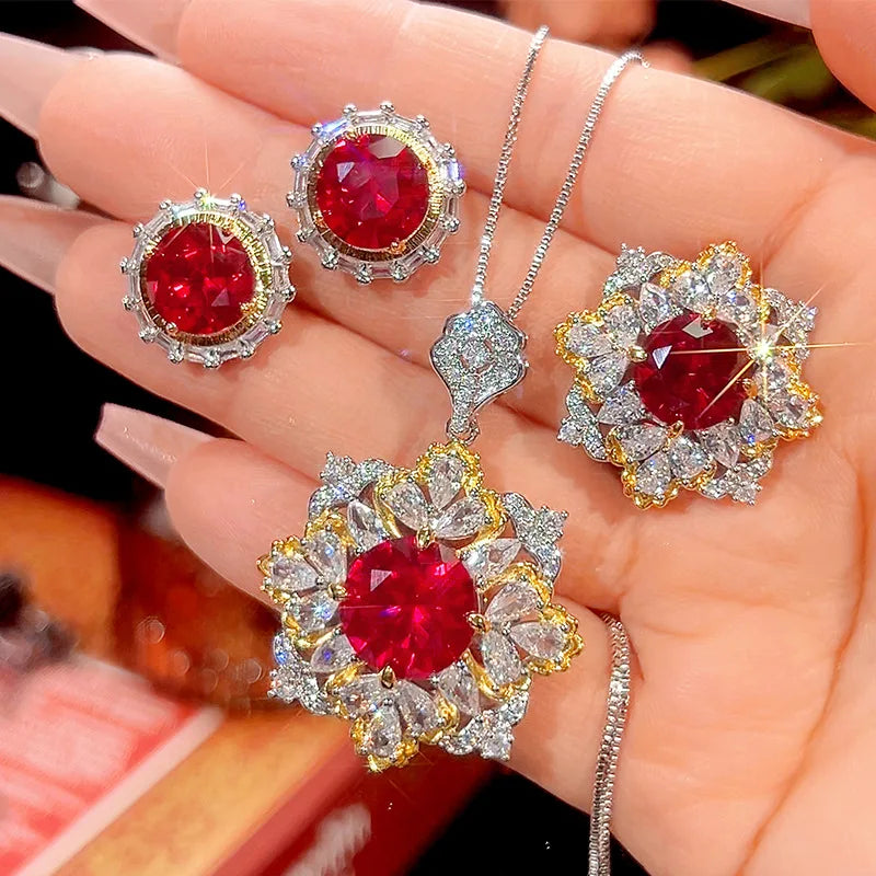 Gemfiori 2025 New Fashion Jewelry Shining Chinese Red Zircon Pendant Earrings and Rings Light Luxury Set Holiday Gift