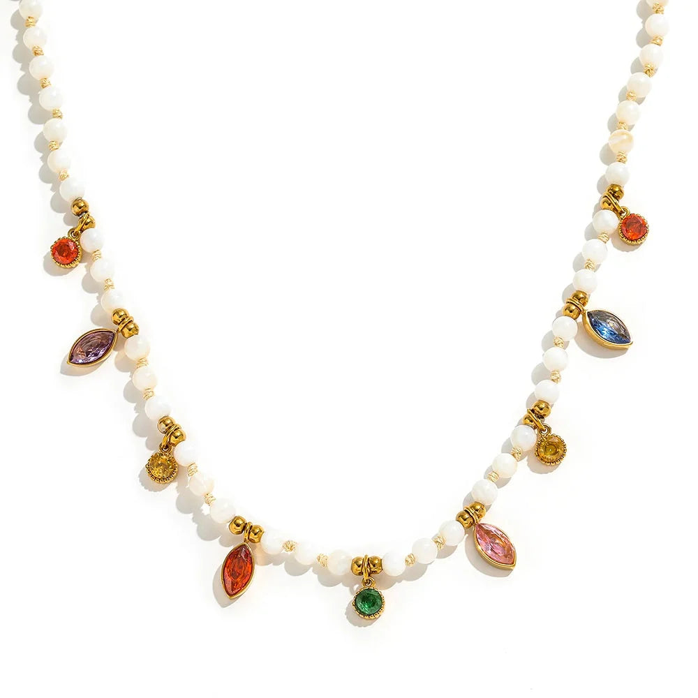 Joolim PVD Plated Wholesale Waterproof Vintage Rainbow Zirconia Pendant Pave  Beaded Chain Necklace Stainless Steel Jewelry