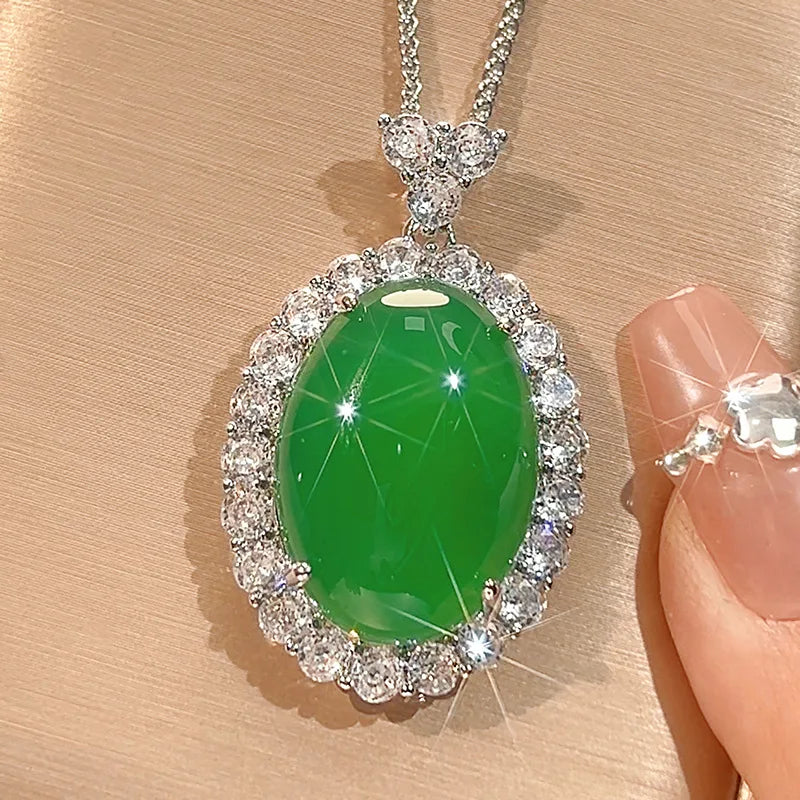 REDheart Fashion Brass Zircon Flower Shape Pendant Simulation Red Corundum Green Chalcedony Surface Light Luxury Rhodium/Gold Jewelry Set