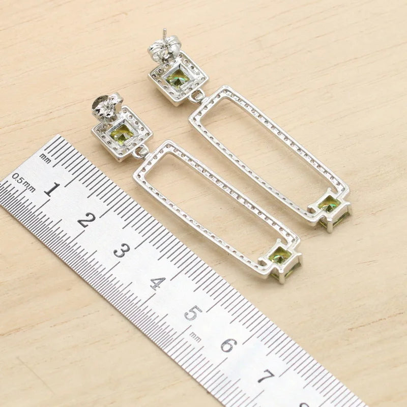XOTICA Classic 925 Silver Jewelry Set Olive Green Semi-Precious Women's Zircon Ring Earrings Pendant Necklace for Party Christmas Gift