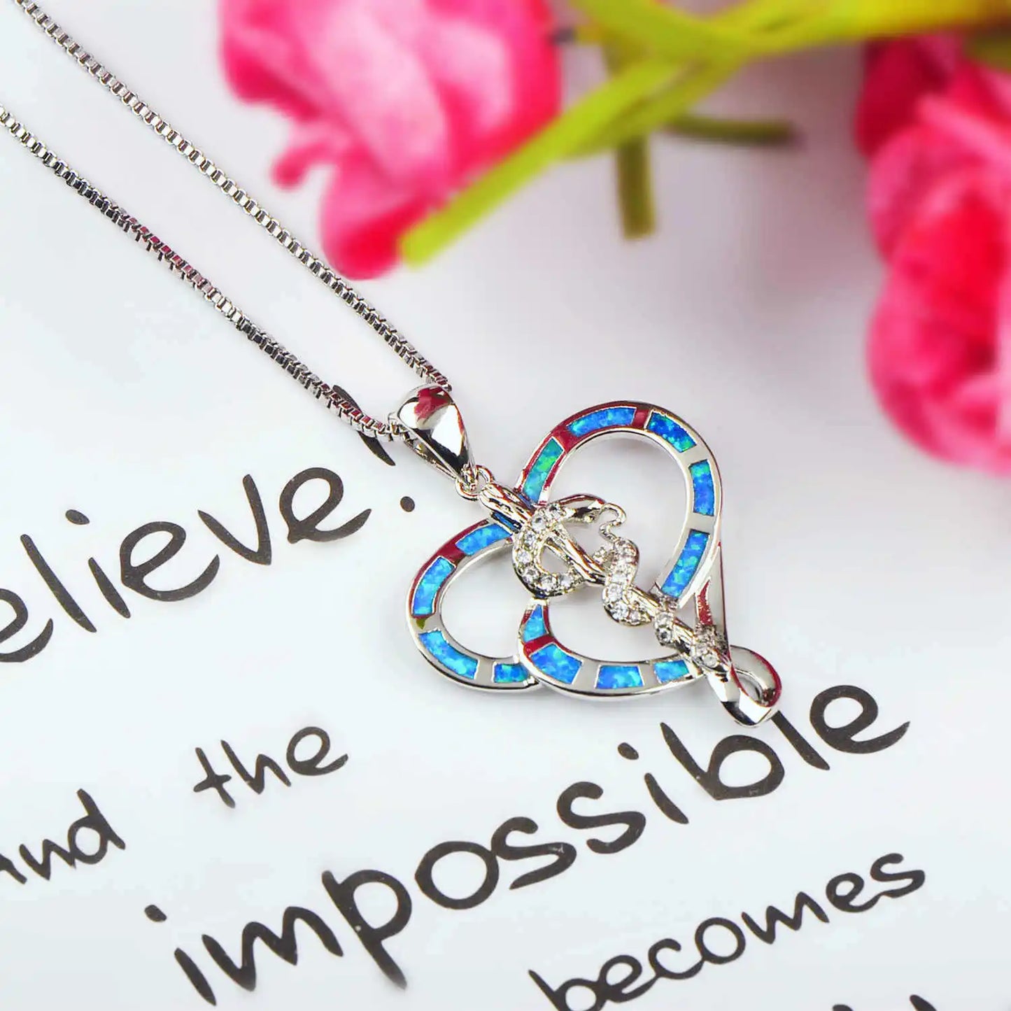 European American Trendy Blue Opal Snake Necklace for Women Hawaiian Style Heart Design Oversized Sweater Chain