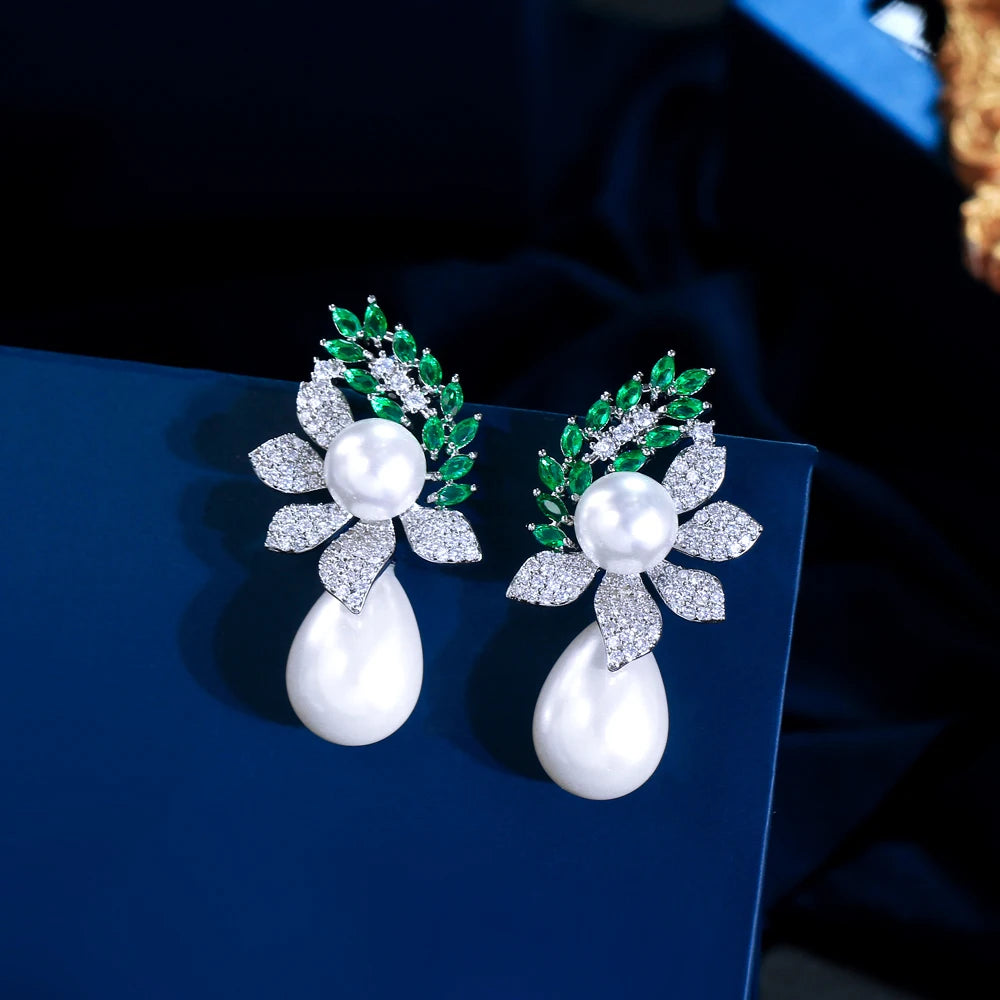 S&S Green CZ Leaf & Pearl Dangle Drop Earrings – Marquise Cut – Rhodium Plated – Collection