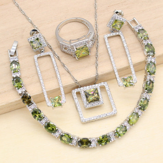 Classic 925 Silver Jewelry Set Olive Green Semi-Precious Women's Zircon Ring Earrings Pendant Necklace for Party Christmas Gift