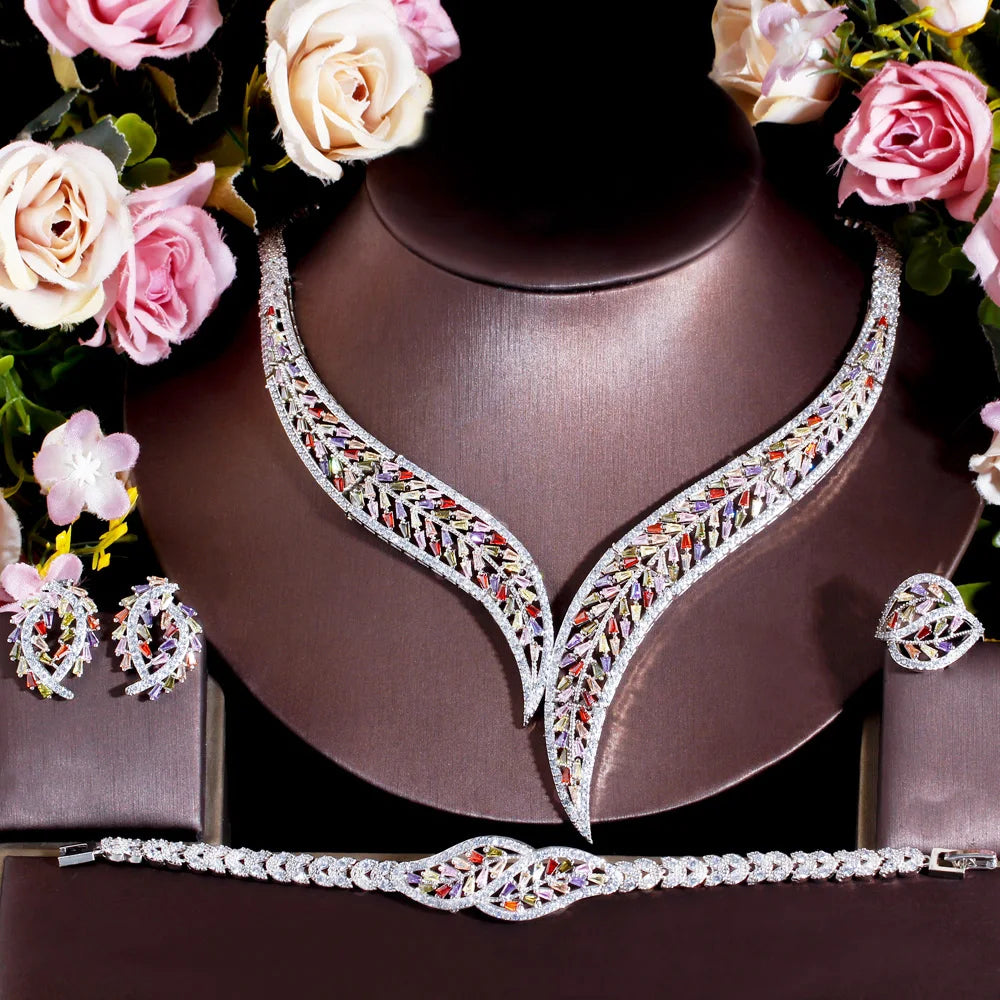 4Piece UAE Women Unique Leaf Shape African Multi Color CZ Necklace Earring Luxury Statement Wedding Party Jewelry Set for Brides