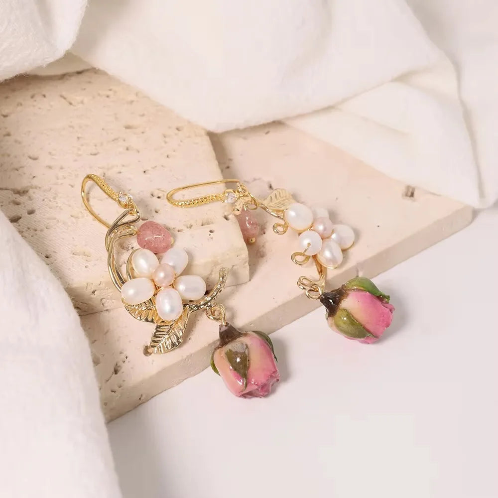 Natural Freshwater Pearl Drop Gel Flower Earrings Korean Style Women Luxury Jewelry Fashion Ladies and Girls Gift GE1521