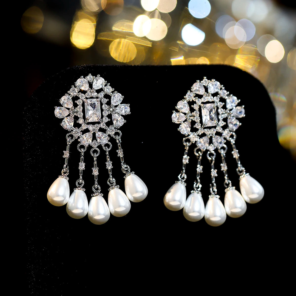 Luxury Bling Flower Shaped Pearl Drop Earrings for Women Trendy Designer Earrings with Zircon and Brass Material