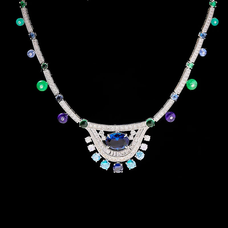 Gradient Blue Bead Necklace Earring Set Zirconia High Quality Brass Jewelry Fashion Sexy Women's Gift