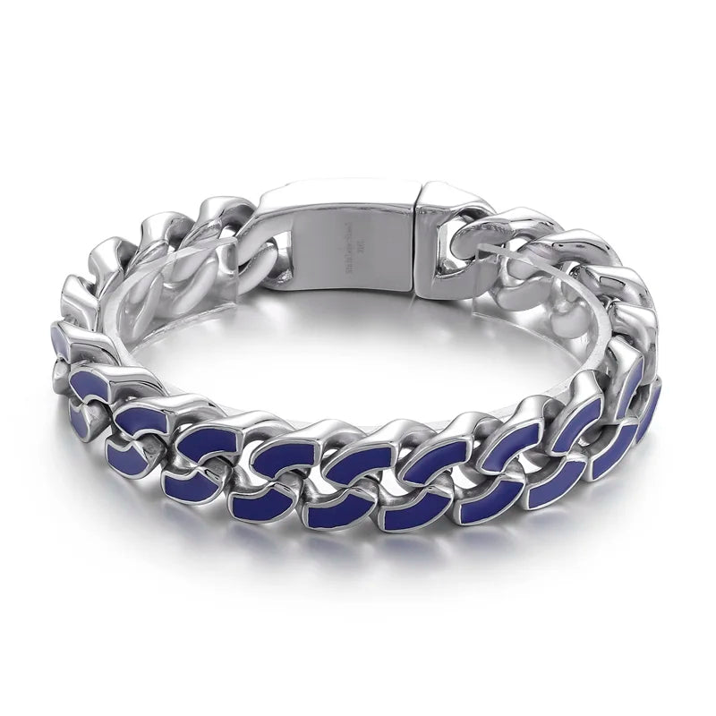 KALEN 220mm Men Stainless Steel&Red/Blue Enamel Cuban Links Chain Bracelet