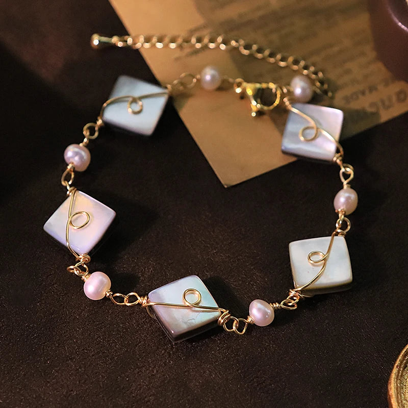 Natural Pearl Rhombus Shell Sterling Silver Ear Hook Necklace Bracelet Luxury Design Women's Jewelry Set Accessories GS0209