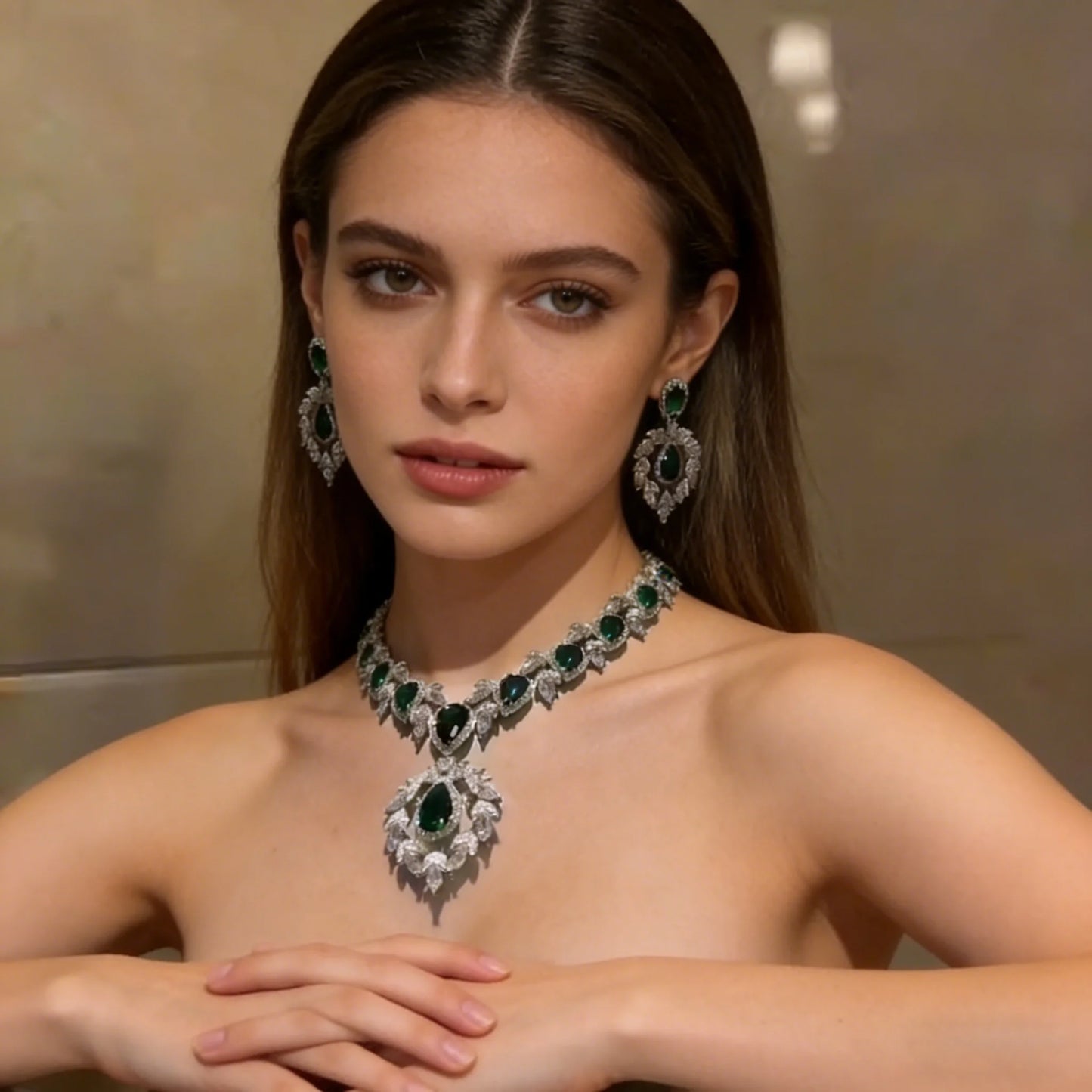 XM S210 Luxury Copper Crystal and Rhinestone Necklace and Earrings Set for Women High-End Jewelry for Wedding Engagement