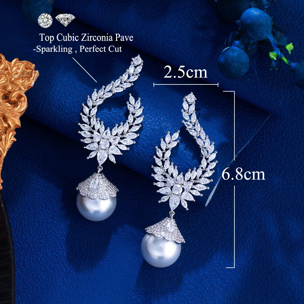 S&S White CZ & Pearl Bridal Long Dangle Drop Earrings – Marquise Cut – Rhodium Plated – Collection