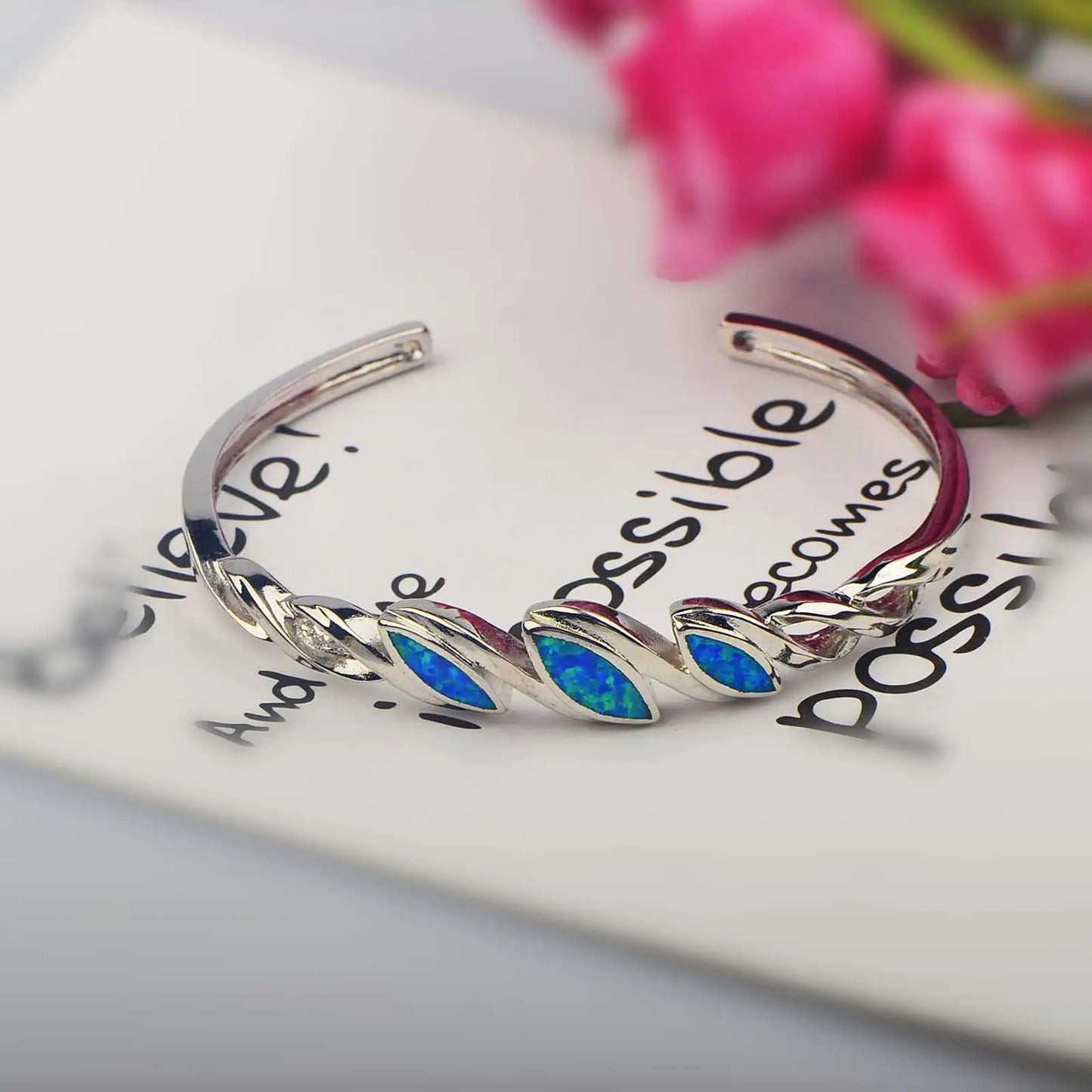 Coastal Retro Opal Cuff - Braided Design Blue Sparkle Open Bracelet
