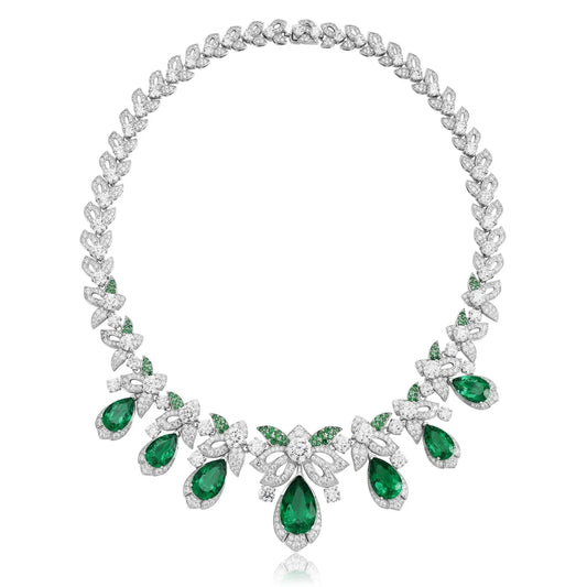 Gemfiori Premium 925 Sliver Lab Grown Emerald Statement Necklace Pear Shape Emeralds Adjustable Chain Length Ideal Gift for Women