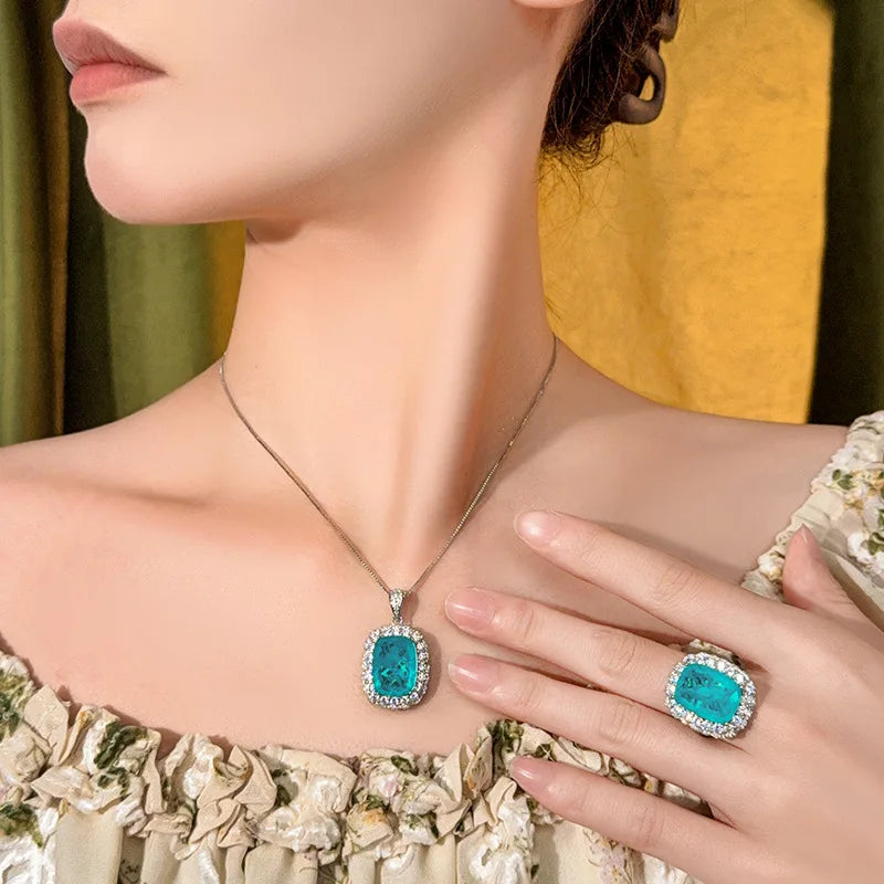 REDheart Copper Inlaid Zircon Gold-Plated Trendy Flower Shape Necklace Simulation Paraiba Blue Temperament Suit Women's Jewelry Set