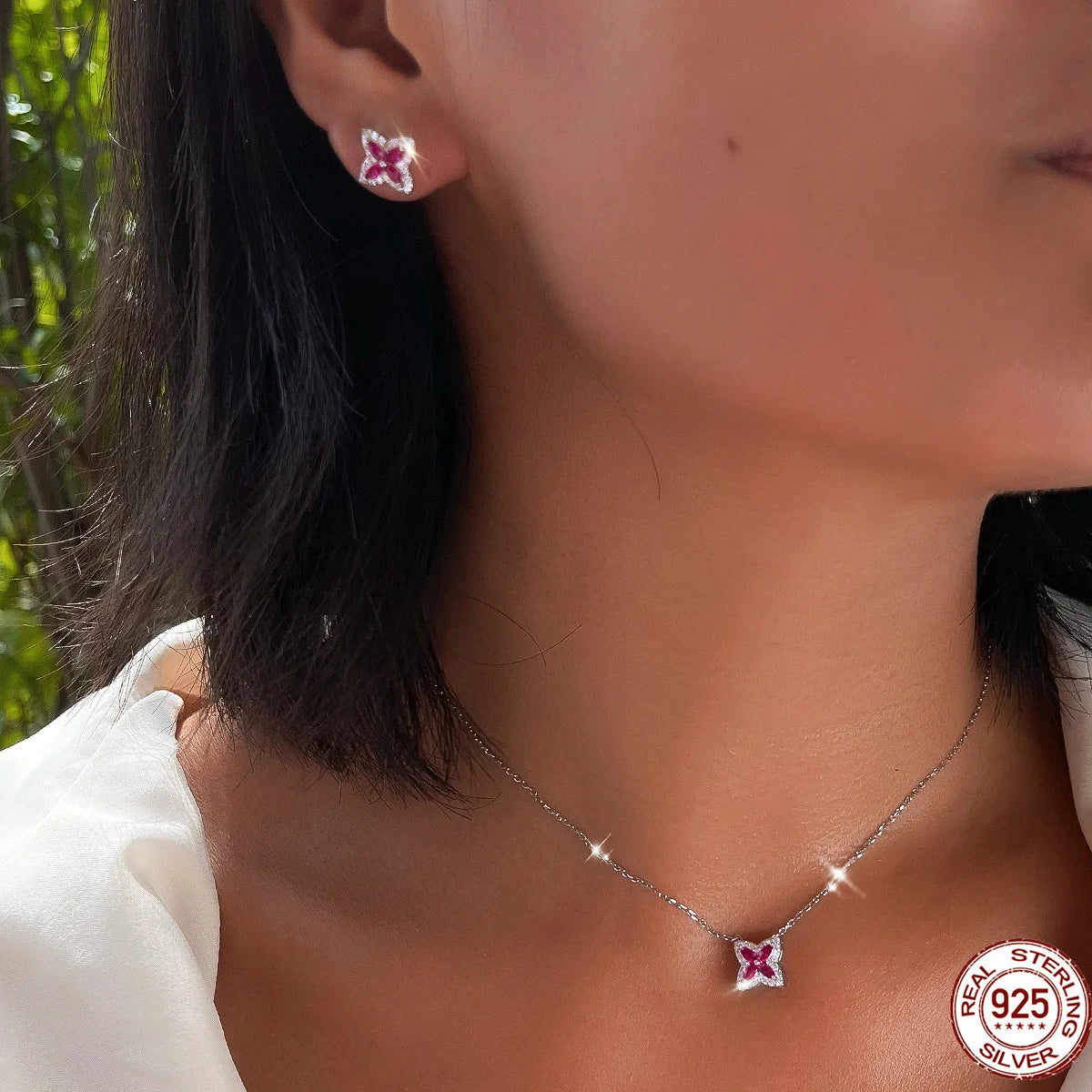 S&S 925 Sterling Silver Hot Pink Four-Leaf Clover CZ Jewellery Set – Necklace & Earrings – Collection