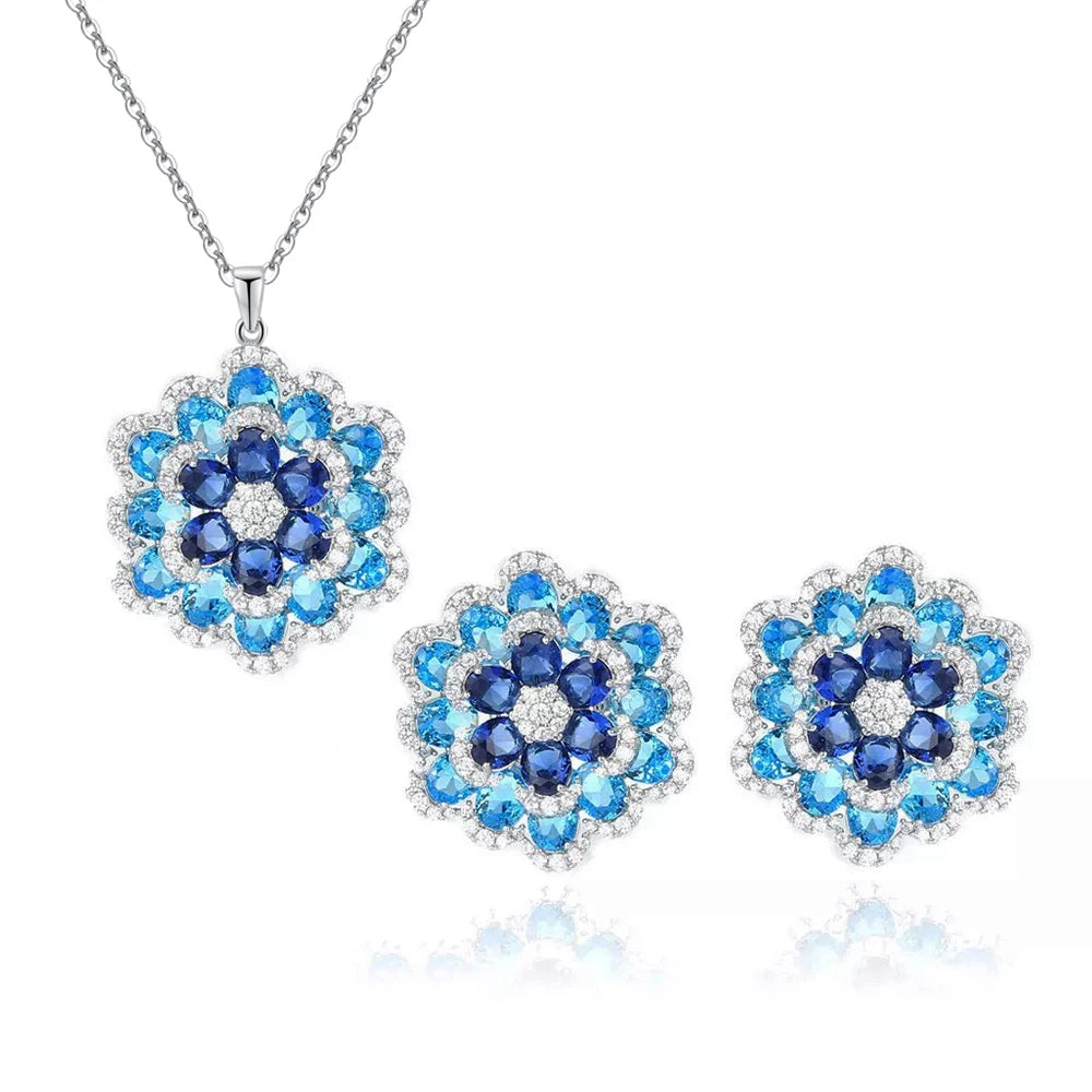 Art Deco Luxury Blue Cubic Zirconia Chunky Flower Shaped Earrings and Pendant Necklace Women Party Jewelry Sets