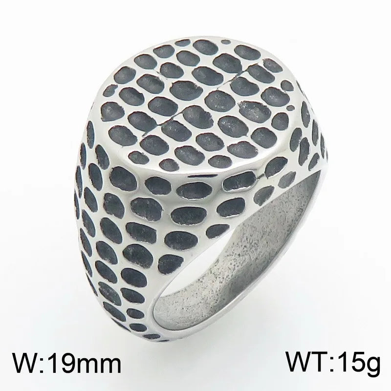 Kalen Punk Domed Hammered Texture Thumb Ring Vintage Blackened Wide Meteorite Pattern Stainless Steel Men's Ring