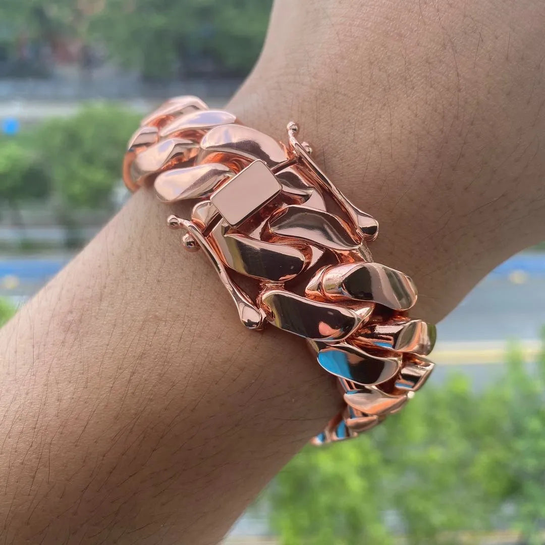 REBEL Rose Gold Cuban Link Chain and Bracelet Set for Men 18mm Chain with Bling Iced Out Lock Hip Hop Fashion Jewelry