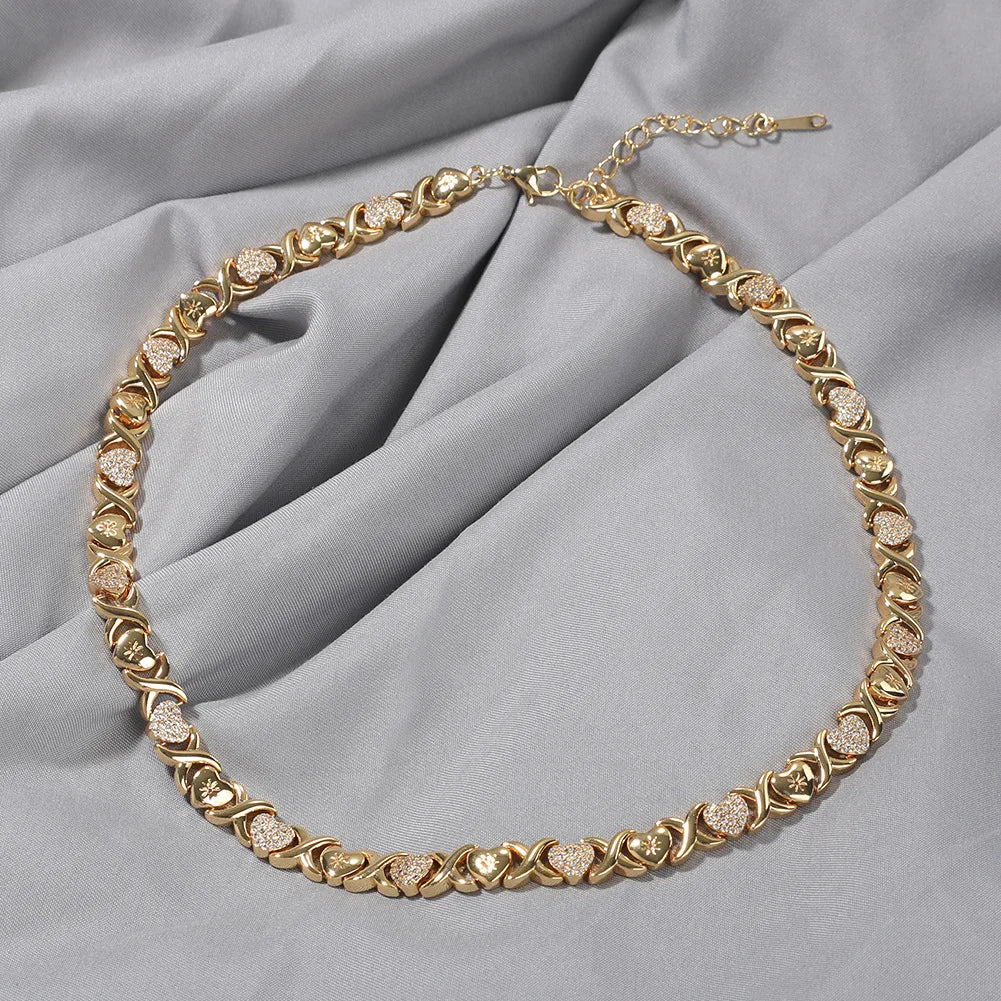 Fashion Gold Plated XOXO Hip Hop Necklace for Men and Women Micro Paved Zircon Heart Charm Choker Necklace