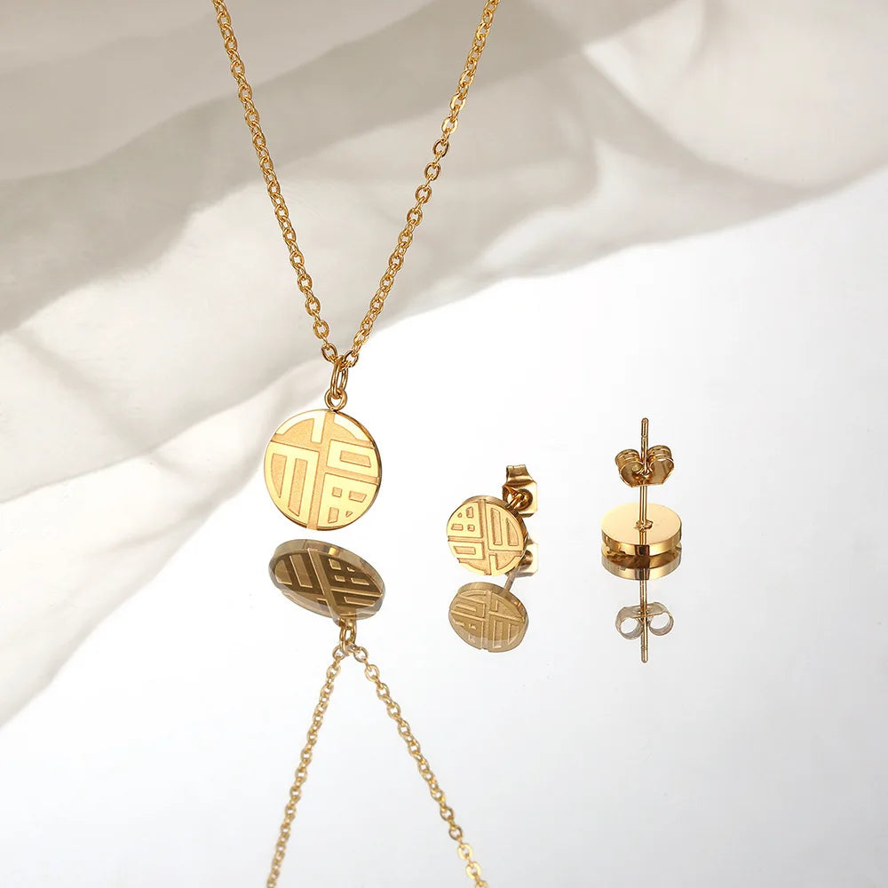 Chinese Fu Lucky Charm Stainless Steel Jewellery | Necklace, Bracelet & Earrings | Silver & Gold
