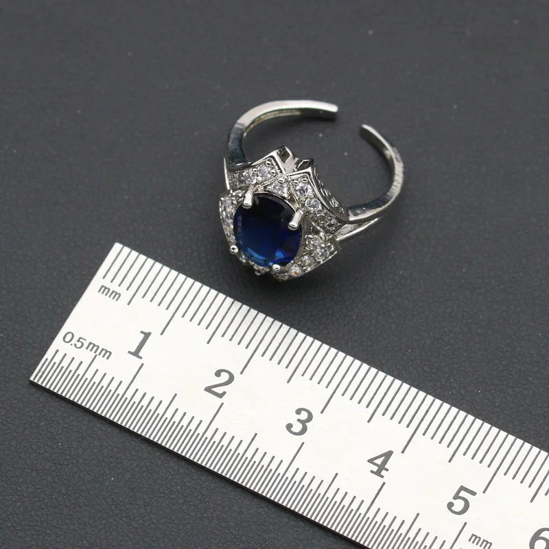 XOTICA Silver Color Alloy Women's Set Wedding Royal Blue Cubic Zirconia Earrings Necklace Pendant Open Ring Bracelet Party Halloween