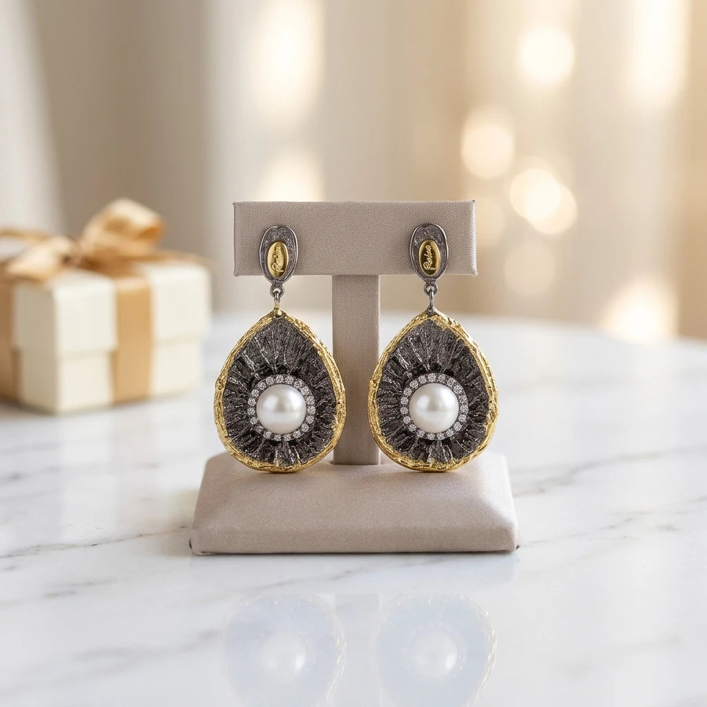 Vintage Bohemian Style 925 Sterling Silver 18K Gold Plated Earrings with Freshwater Pearl for Party and Gift