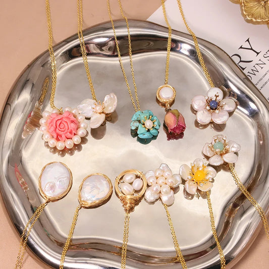 925 Sterling Silver Choker Necklace Natural Freshwater Pearl Flower  Pendant Necklace for Women Fashion Jewelry