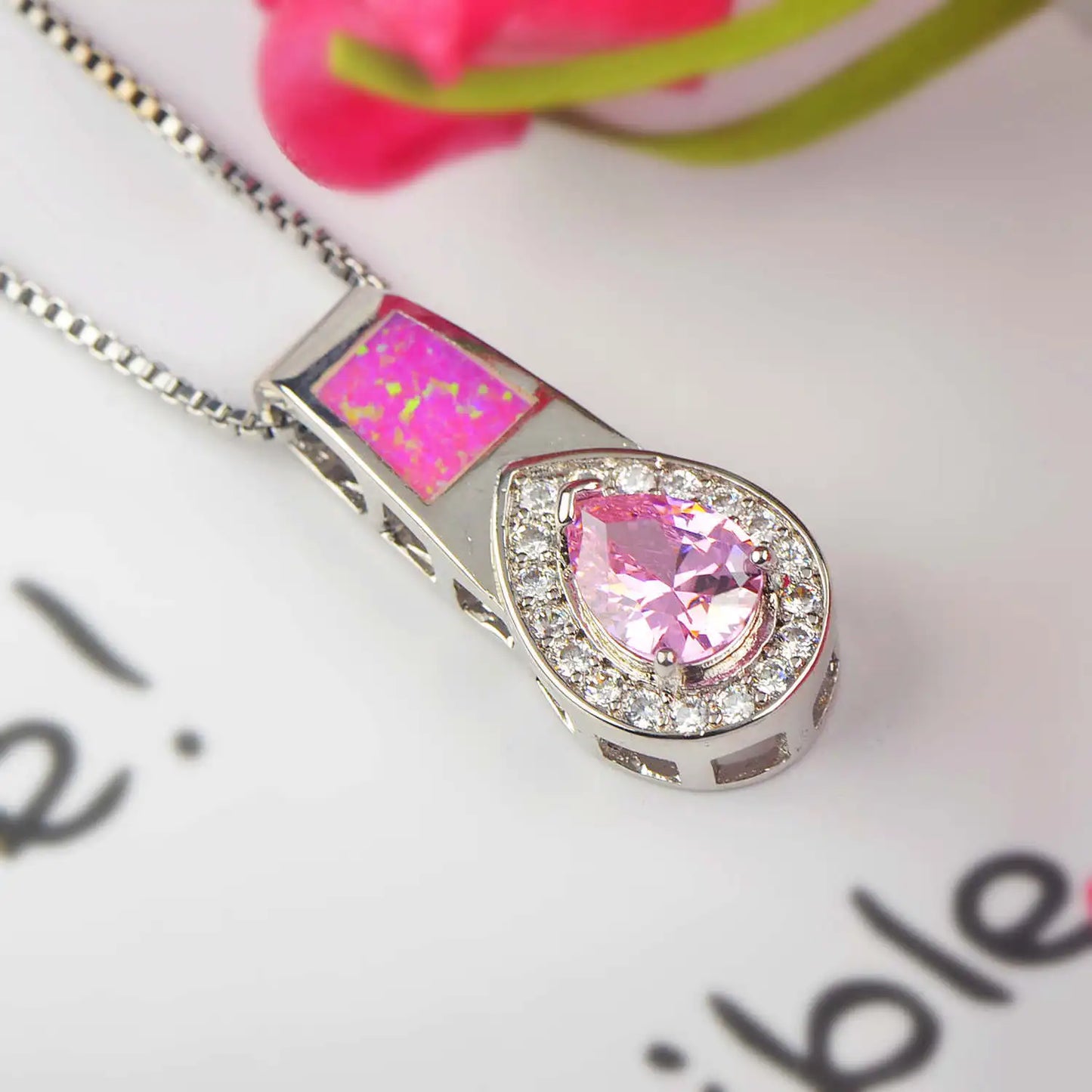 Aobao Trendy Vintage Water Drop-Shaped Necklace with Heart Pendant Sweater Chain Opal-Gift for Women