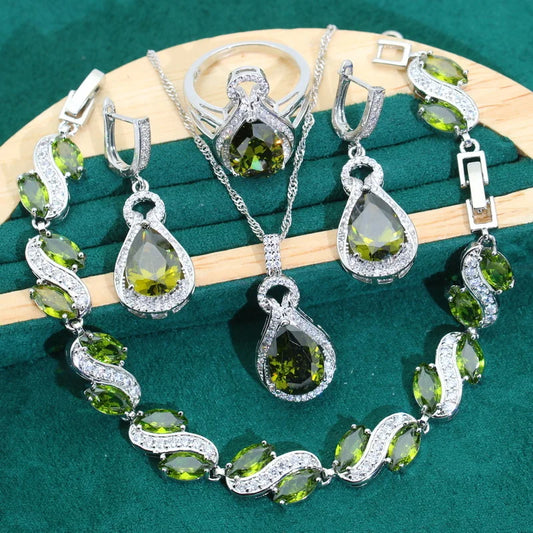 925 Silver Jewelry Set for Women Water Droplet Olive Green Zircon Earrings for Wedding Engagement Birthday Dating Gift Ideas