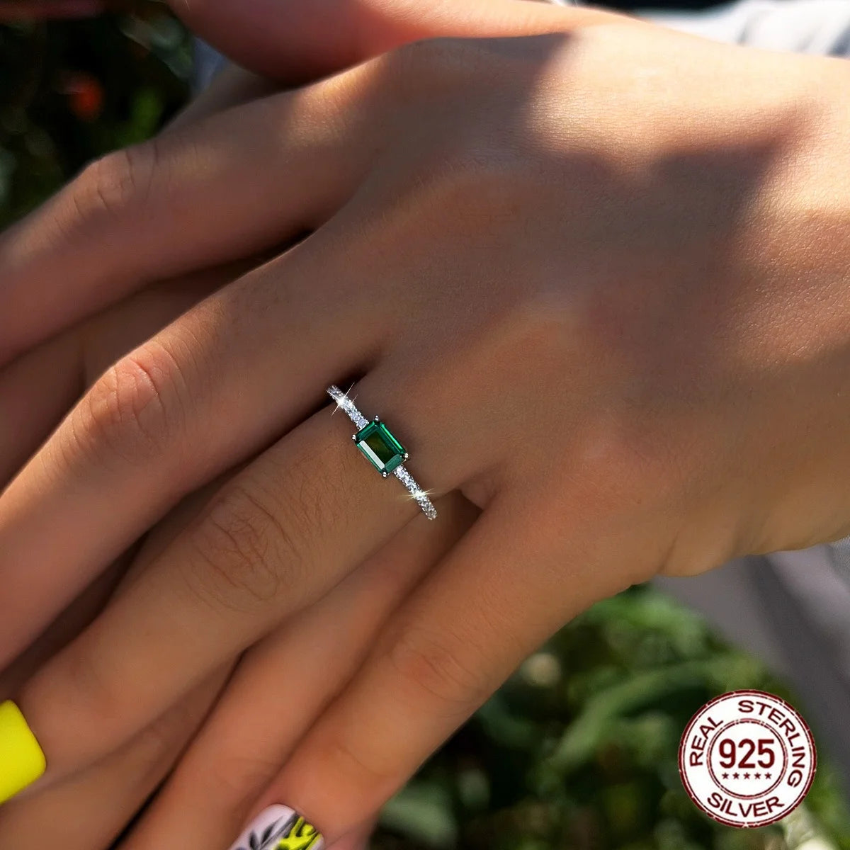 S&S 925 Sterling Silver Green Emerald-Cut CZ Solitaire Ring – Sizes 6–9 – Collection