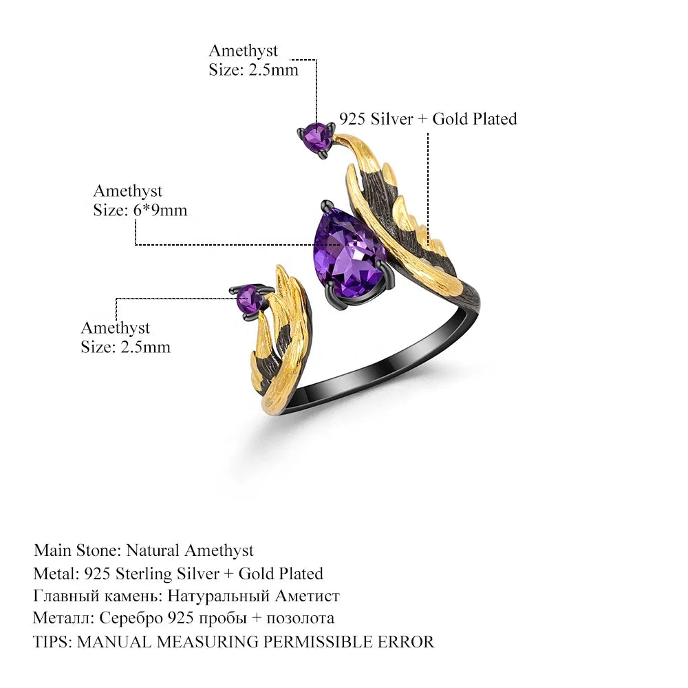 ArtistA C7873 Abiding Special Tribal Myth Design 925 Sterling Silver Black Gun Plated Natural Amethyst Open Ring