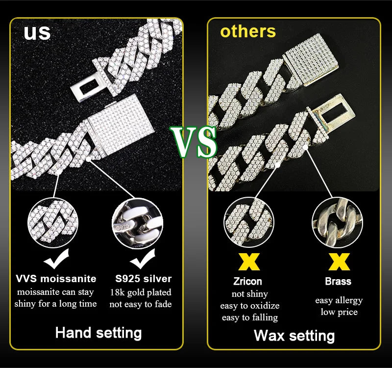 Lowest Price Hip Hop 2Row Diamond Vvs Diamond Link Chain Rapper S925 Silver  Cuban  Moissanite Necklace