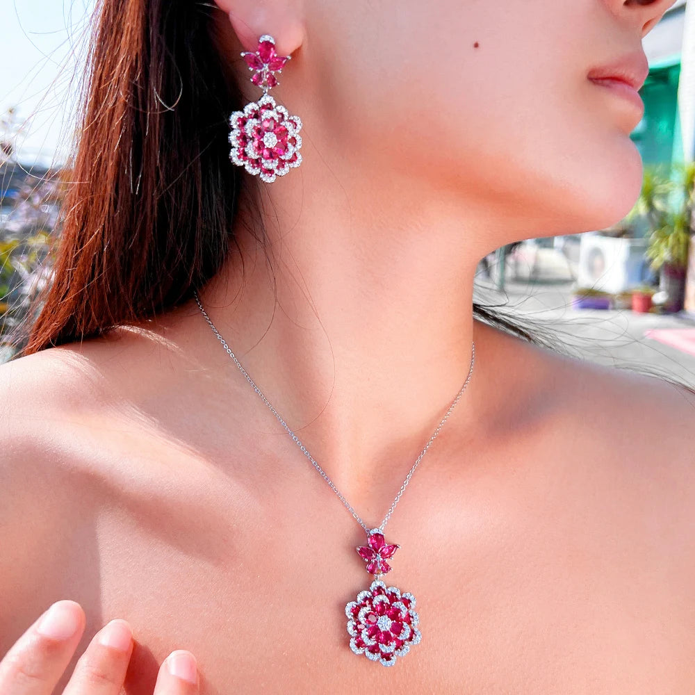 Fashion Indian Styles Red and White Cubic Zirconia Big Flower Earrings and Pendant Necklace Jewelry Set for Women Party Wedding