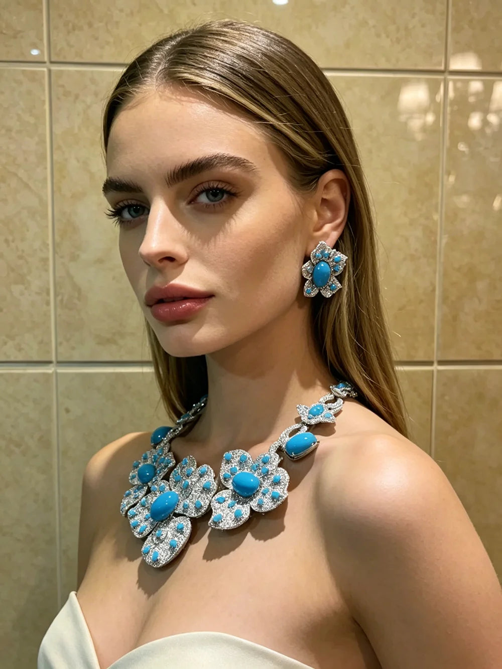XM S413 Silver Plated Large Floral Turquoise & Rhinestone Choker Necklace & Square Drop Earrings Set