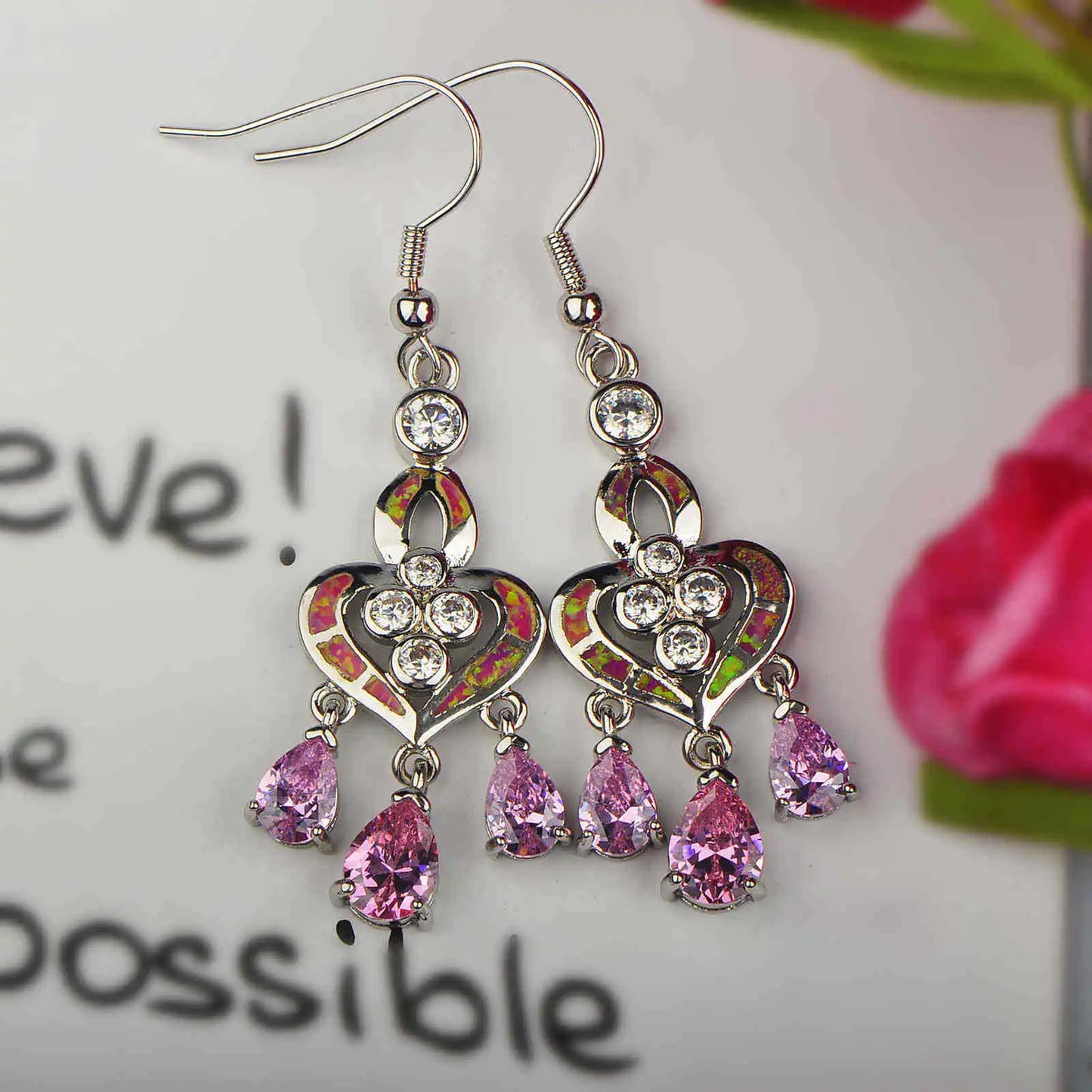 Delicate Pink Opal Brass Geometric Christian Pendant Earrings Hawaiian Style Trendy Minimalist Healing Gift Jewelry