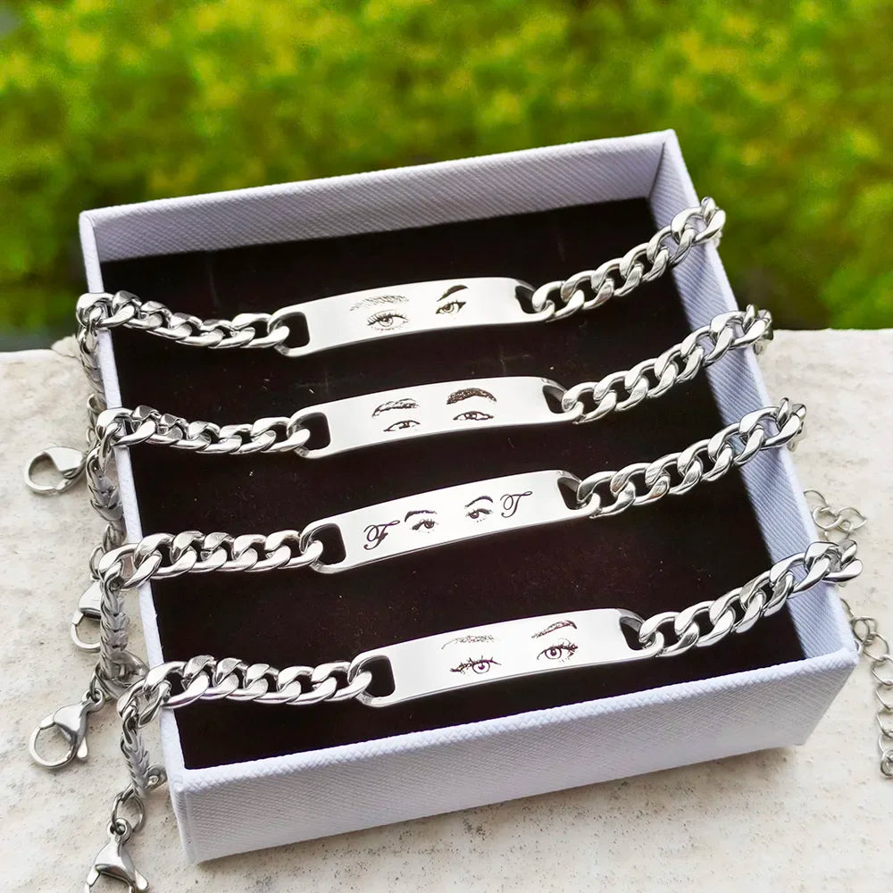REBEL Gold Silver Black Stainless Steel Cuban Chain Curved Bracelet Customized Laser Engraved Eye Bracelet for Man