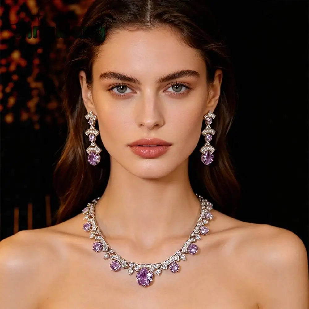 Luxury Cushion-Cut Purple Zirconia Floral Statement Necklace & Drop Earrings Bridal Set — Silver Plated