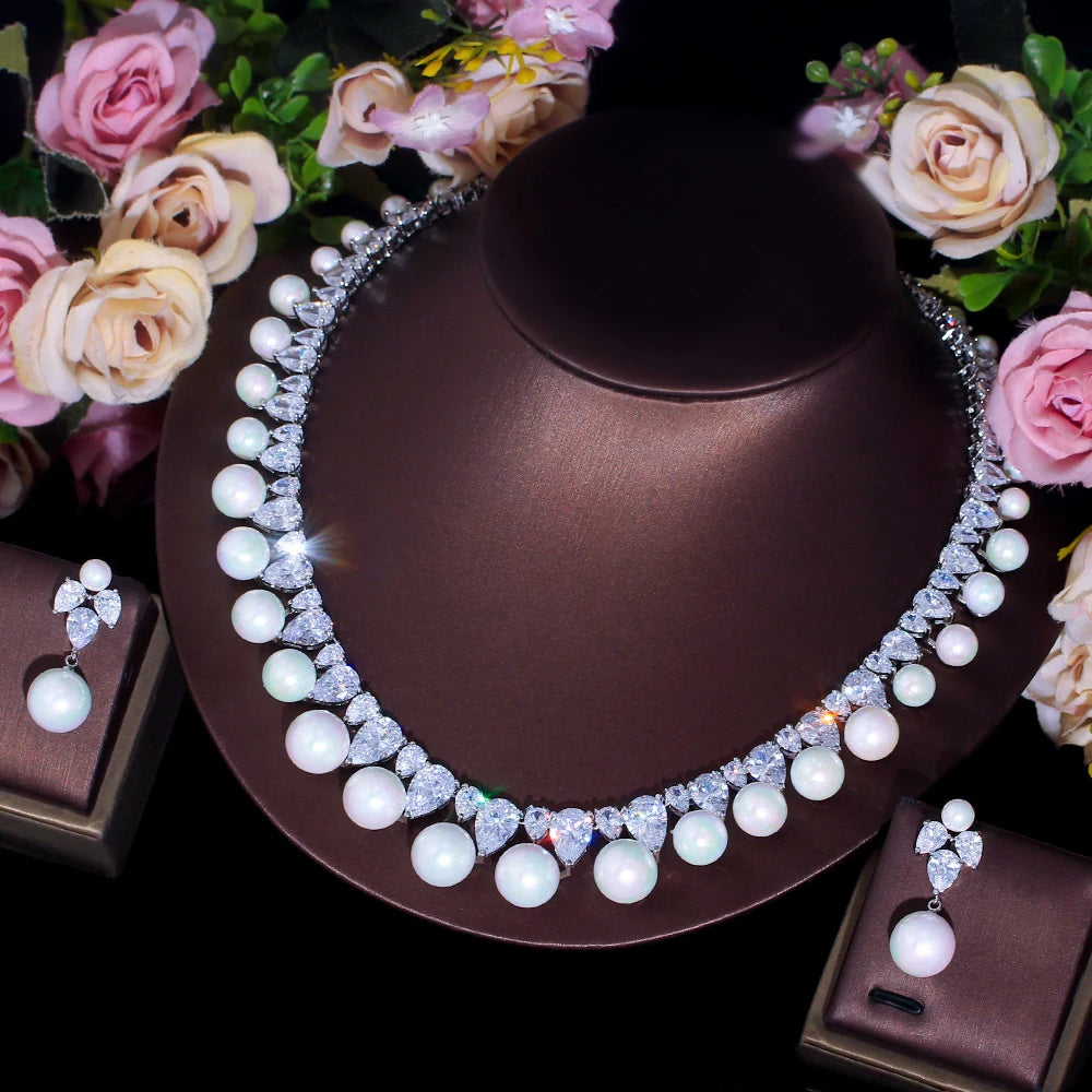 Bling Cubic Zirconia Big Simulated Pearl Necklace and Earrings Bridal Luxury Jewelry Set for Women Wedding Engagement Accessory